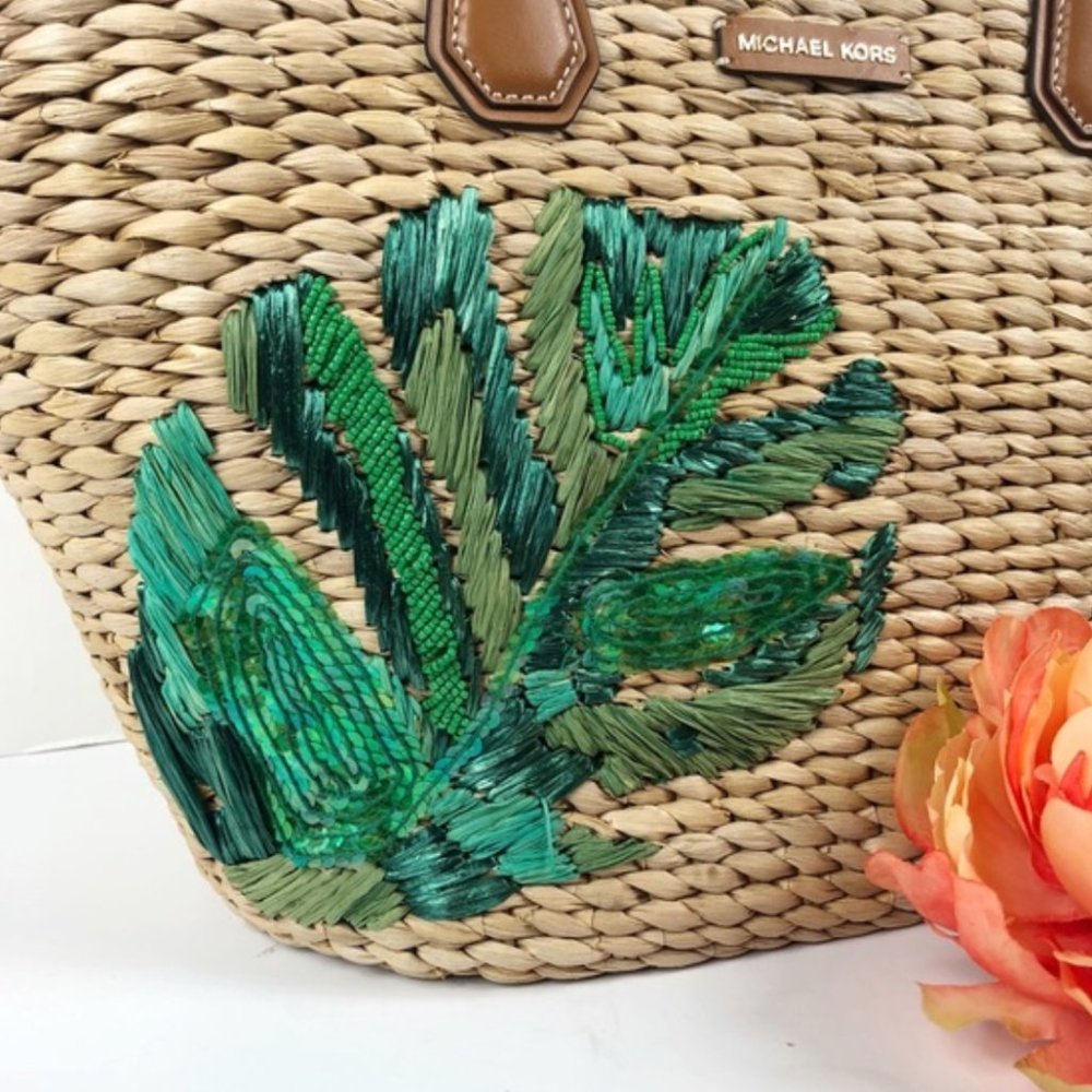 Michael Kors Malibu straw tote palm purse bag - Picture 2 of 6